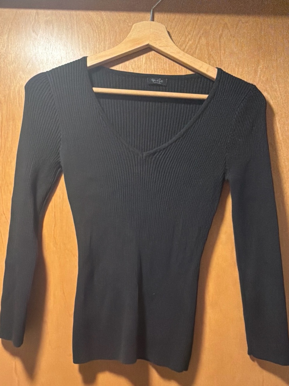 Brandy Melville Black Ribbed V-Neck Long Sleeve Top